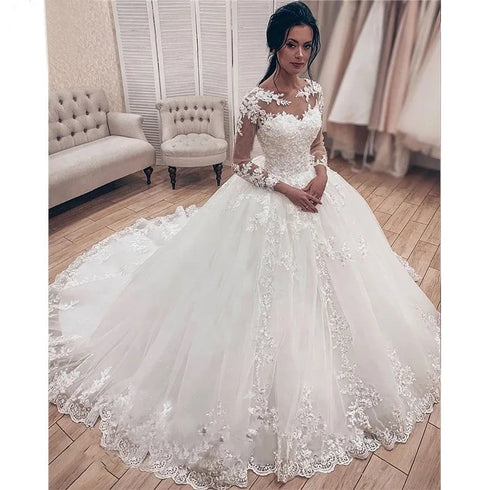 Elegant Summer Long Sleeve Wedding Dresses Lace Ball Gown